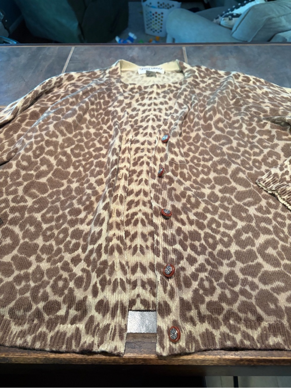 Alfred Dunner Brown and Cream Leopard Print Cardigan built in set - Large